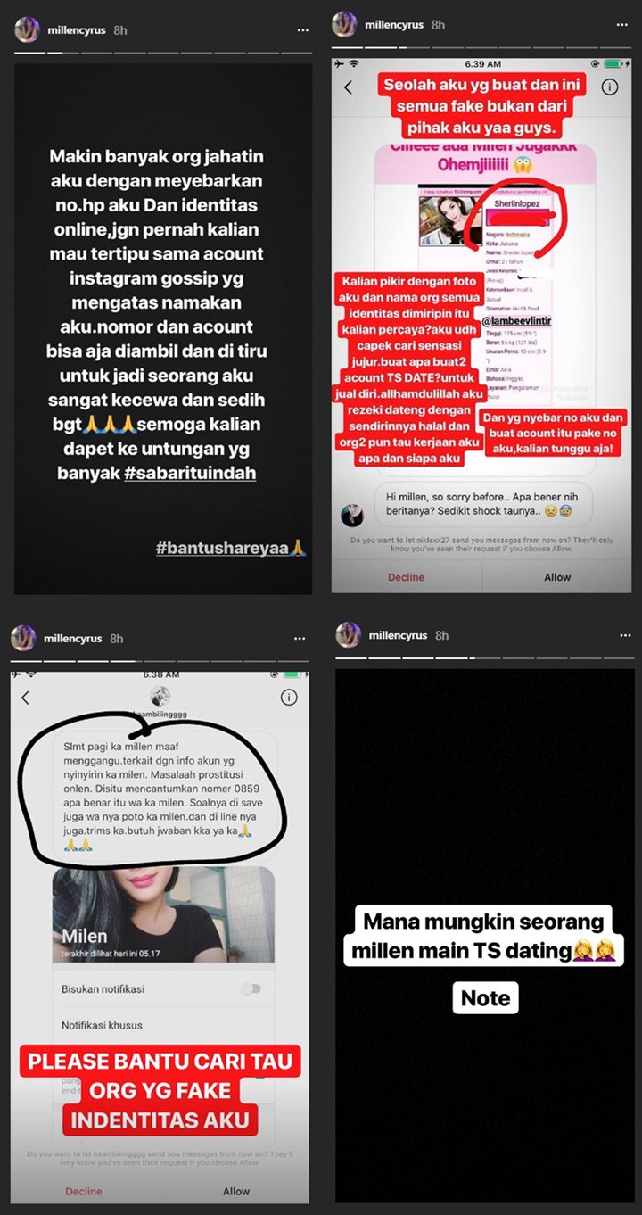 Klarifikasi Millen terkait kabar dirinya ikut prostitusi online. (Instagram)