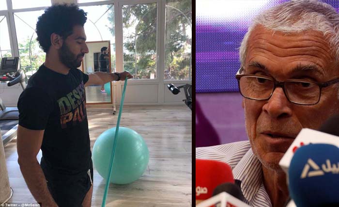 Mo Salah lagi berlatih untuk proses penyembuhan cedera bahunya. Foto kanan pelatih timnas Mesir Hector Cuper yang terus memantau perkembangan Mo Salah. (foto: mail online)