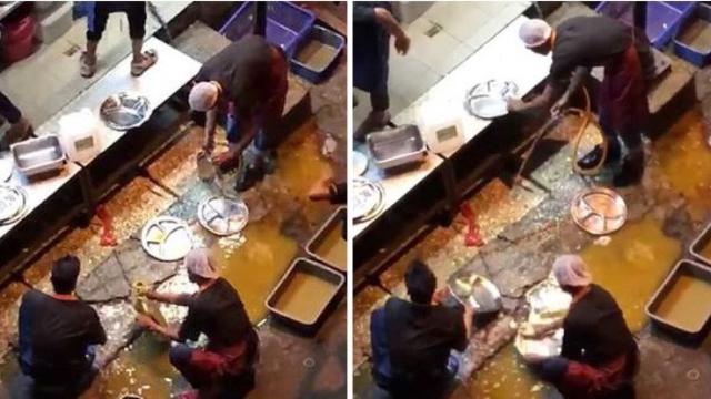 Sejumlah karyawan restoran mencuci piring bekas konsumen pakai genangan air kotor. foto: Elite Readers.