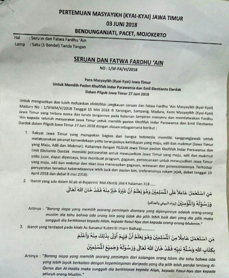 Seruan dan Fatwa Fardhu' Ain untuk memilih paslon Khofifah Emil yang dikeluarkan dengan poin jika tidak memilih Khofifah Emil maka mengkhianati Allah dan Rasulullah. 