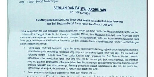 Surat sakti fatwa fardhu ain untuk memilih khofifah emil dalam Pilgub jatim. 