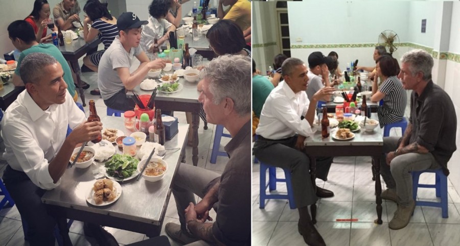 Anthony Bourdain bersama mantan Presiden Amerika Serikat Barack Obama menghabiskan waktu menyantap hidangan khas Vietnam. 