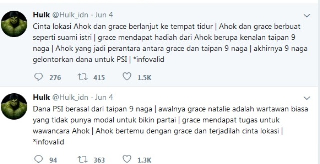 Akun Twitter @Hulk_idn yang menyebut perselingkuhan Ahok dengan Grace Natalie mendadak hilang. 