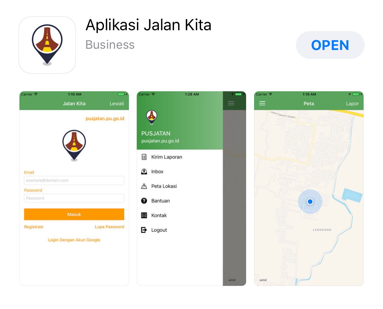 Informasi dan pengaduan kondisi jalan juga dapat melalui “aplikasi jalan kita” yang dapat diunduh di IOS maupun Android.