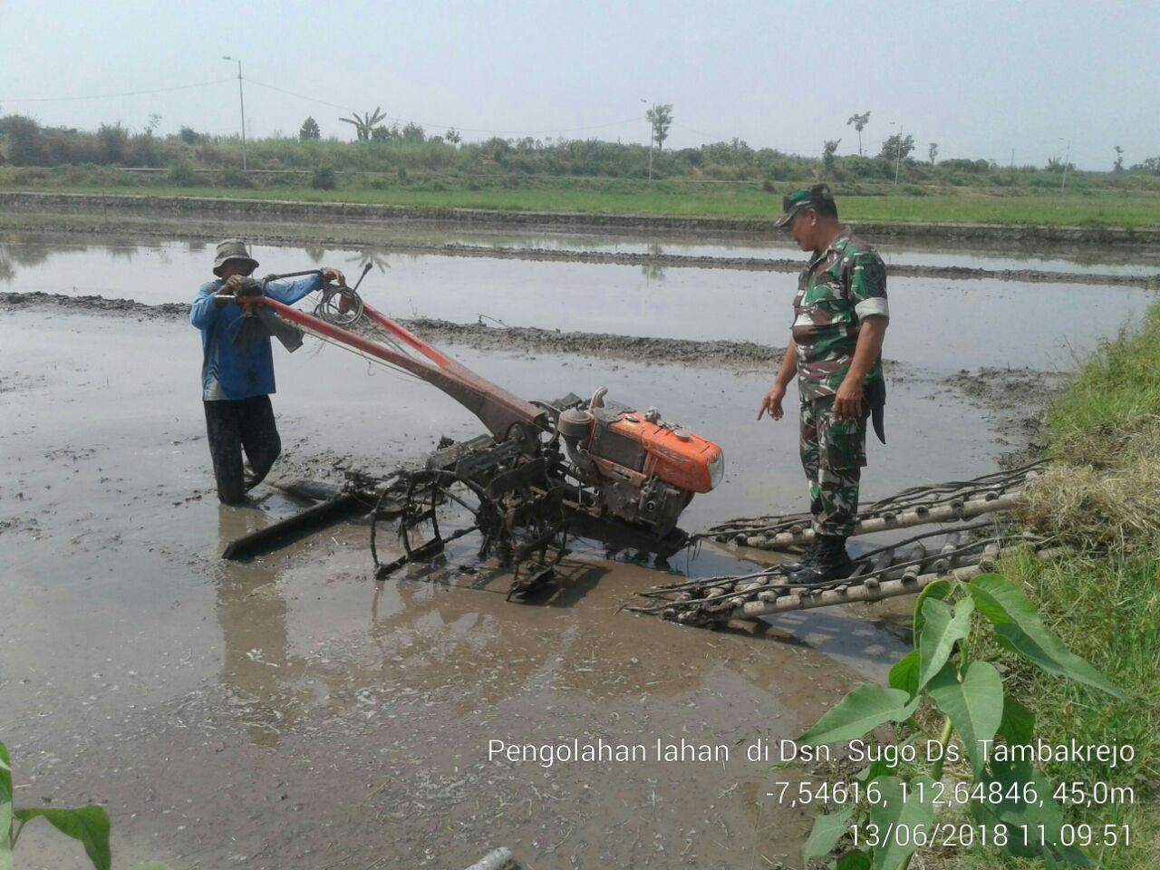 Babinsa Koramil 0815/12 Ngoro Serma kasiran Saat Mendampingi Pengolahan Lahan Poktan Tani Sugo