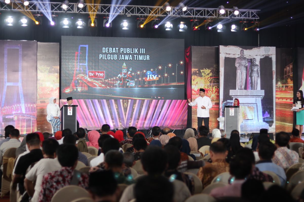 Calon Gubernur Jawa Timur nomor urut dua, Saifullah Yusuf (Gus Ipul) - Puti Guntur Soekarno, dalam debat pemilihan gubernur (Pilgub) yang digelar di Surabaya, Sabtu, 23 Juni 2018, malam. (foto: hrs/ngopibareng.id)