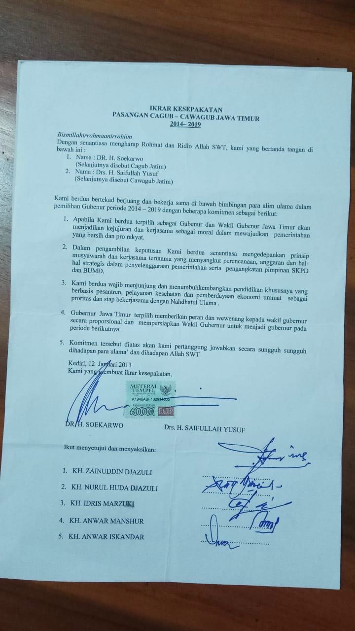 Ikrar kesepakatan Pakde Karwo dengan para Kiai Sepuh. (Foto: Ist)