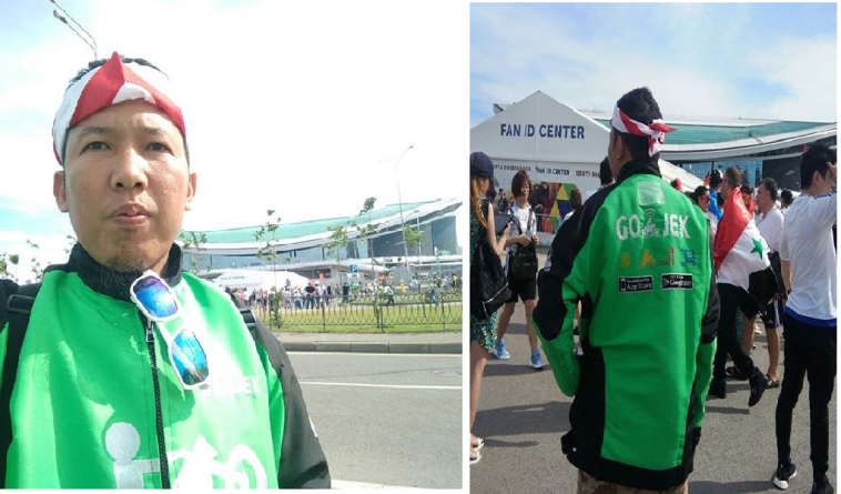 Roy Sunandar selfie di halaman luar Kazan Arena, Rusia.
