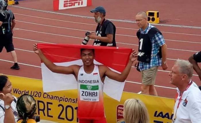 Atlet atletik Indonesia Lalu Muhammad Zohri meraih gelar juara pada nomor lari 100 meter putra dalam Kejuaraan Dunia Atletik U-20 yang berlangsung di Tampere, Finlandia, Rabu 11 Juli malam waktu setempat.. (foto: PB PASI/antara))