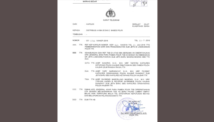 Surat mutasi Kapolres Ketapang, Kalimantan Barat. (Foto: Istimewa)