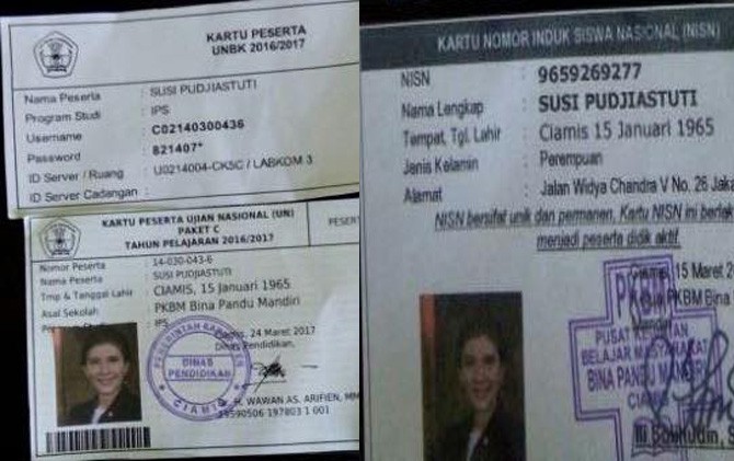 Kartu peserta ujian Paket C Menteri Susi Pudjiastusi.