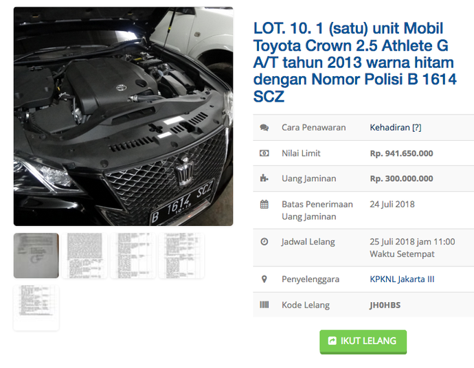 Salah satu mobil milik mantan Ketua Mahkamah Konstitusi (MK) dilelang.