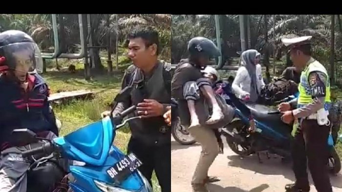 Satlantas Polres Tanjung Jabung Timur menghentikan pengendara motor bonceng tiga. Salah satu penumpangnya merupakan jenazah pria lanjut usia pada Senin, 23 Juli 2018. foto: instagram/satlantas_tanjabtim.