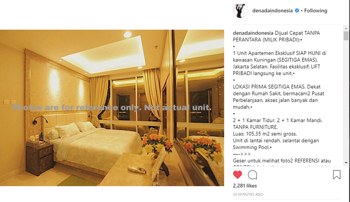 Salah satu sudut kamar apartemen yang hendak dijual Denada. foto: IG/denadaindonesia.