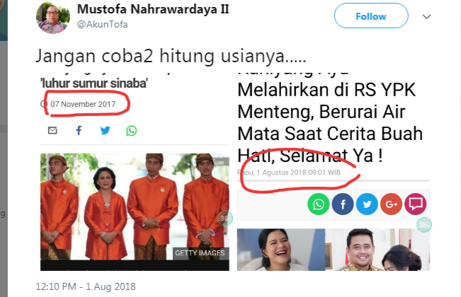 Akun Twitter Mustofa Nahrawardaya II, @AkunTofa, menyebar gosip hitungan usia kehamilan Kahiyang Ayu.