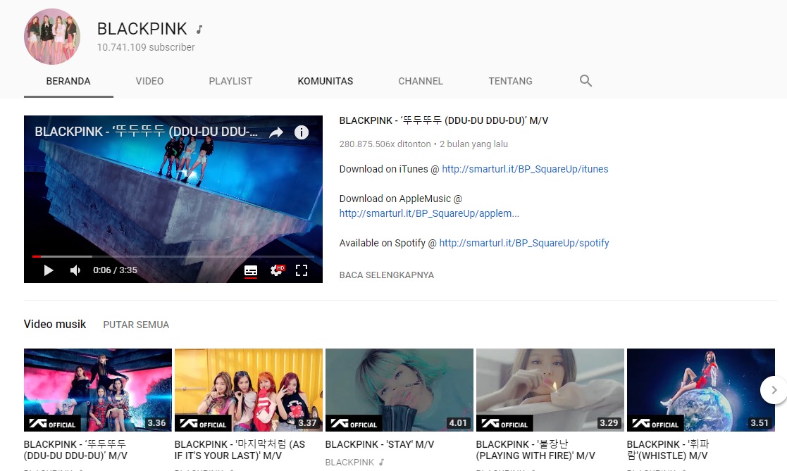 Channel Youtube Blackpink. (Youtube)