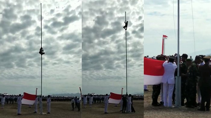 Seorang bocah SMP tanpa memikirkan nyawanya. ia nekat memanjat tiang bendera untuk membetulkan tali yang nyangkut. Foto: FB Ika Silalahi