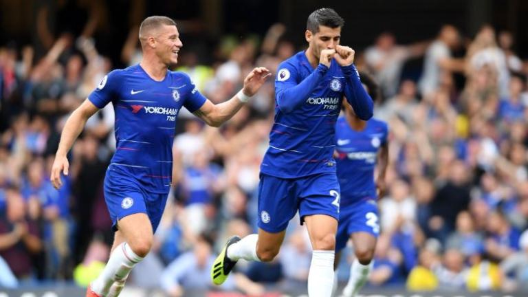 Selebrasi Morata usai membobol gawang Arsenal. foto:afp