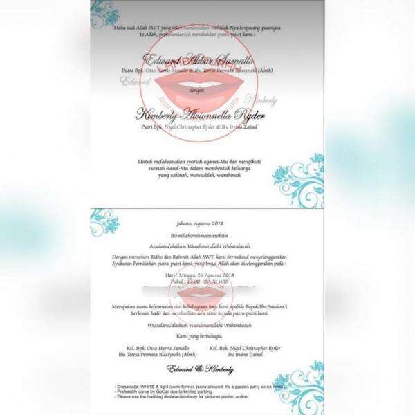 Undangan pernikahan Kimberly Ryder dan Edward Akbar disebar akun gosip Instagram @lambe_turah.