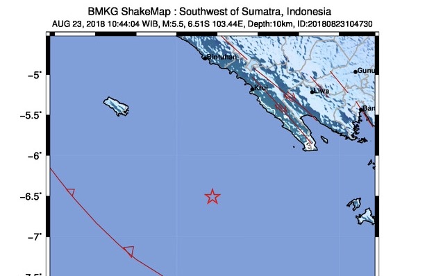 Titik gempa di Lampung. Foto : BMKG