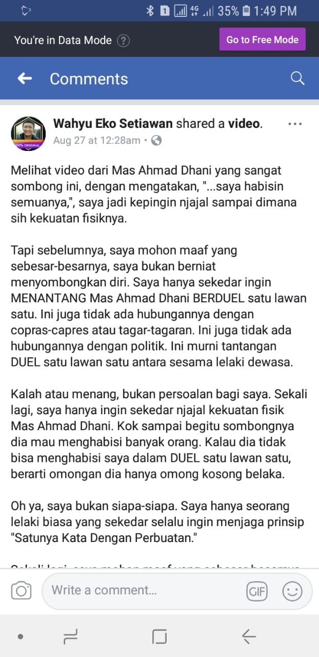 Tantangan duel dari Perajin Kayu asal Malang, Wahyu Eko Setiawan kepada musisi Ahmad Dhani. (Foto: screenshoot)
