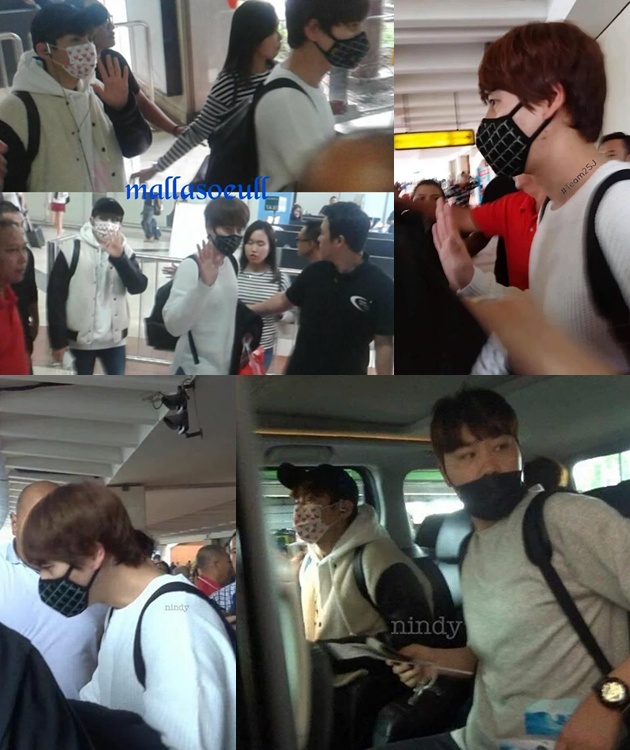 Lima member Super Junior tiba di Bandara Internasional Soekarno-Hatta pada Kamis, 30 Agustus