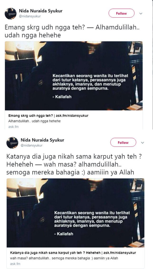 Curhat Nida Nuraida yang disebut mantan istri Habib Usman di ask.fm/nidansyukur.