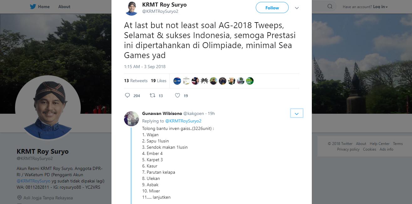 Cutai Roy suryo berbalas guyonan. Foto : twitter