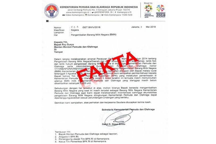 Surat Kementerian Pemuda dan Olahraga (Kemenpora) tentang pengembalian Barang Milik Negara yang ditujukan kepada Mantan Menpora, Roy Suryo.