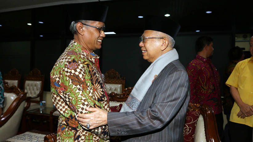 DOA DUKUNGAN: Ketua Umum PP Muhammadiyah Haedar Nasir menerima Bakal Calon Wakil Presiden KH Ma'ruf Amin di Gedung Pusat Dakwah Muhammadiyah, Jakarta, Rabu 5 September 2018. (foto: ma for ngopibareng.id)