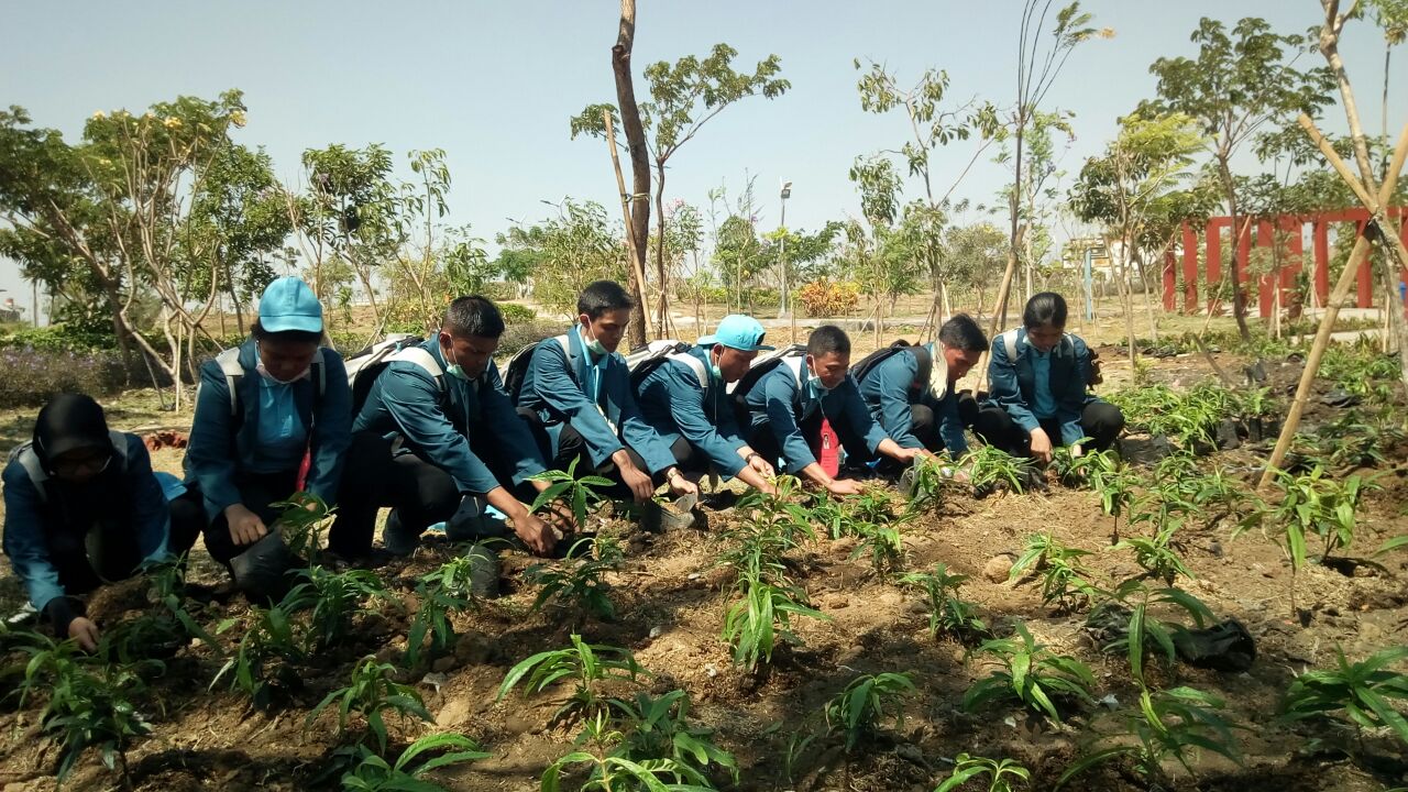 Mahasiswa baru Ubaya melakukan penanaman bibit bunga di Taman Harmoni, Keputih, Surabaya, Jumat, 7 September 2018. Foto: Amanah/ngopibareng.id