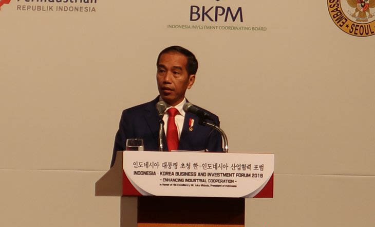 Presiden Joko Widodo saat berpidato dalam Indonesia-Korea Business and Investment Forum 2018 di sela kunjungan kenegaraannya di Korea Selatan, Senin 10 September (Foto: Antara/Joko Susilo)