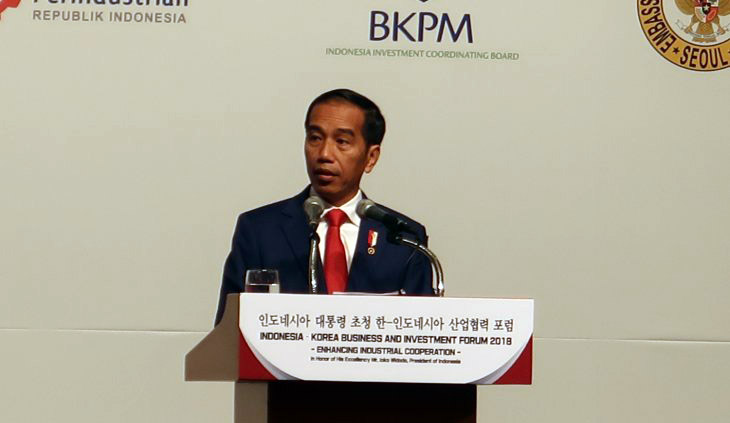 Presiden Joko Widodo saat berpidato dalam Indonesia-Korea Business and Investment Forum 2018 di sela kunjungan kenegaraannya di Korea Seltan, Senin, 10 September 2018). (Foto: Biro Pers Presiden)