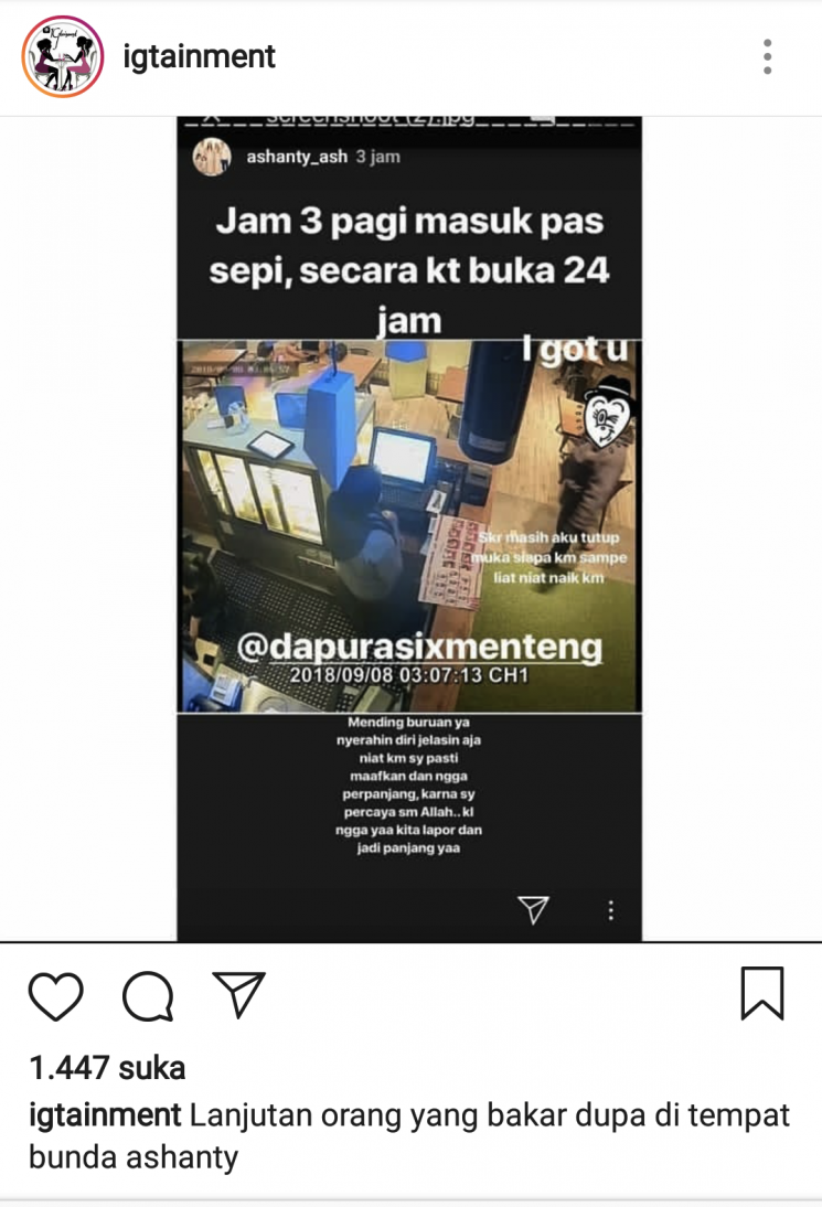 Instagram Ashanty yang diunggah ulang oleh @igtainmen.