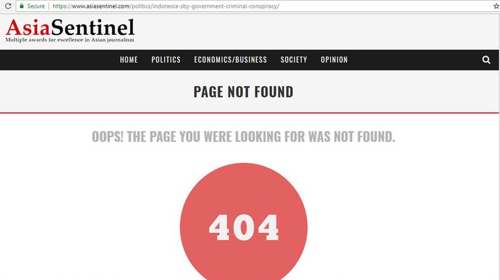 Link berita di Asia Sentinel yang sempat tidak bisa dibuka. Foto : Asia Sentinel