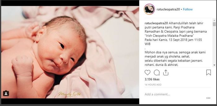 Instagram Cleo tentang kelahiran putrinya.
