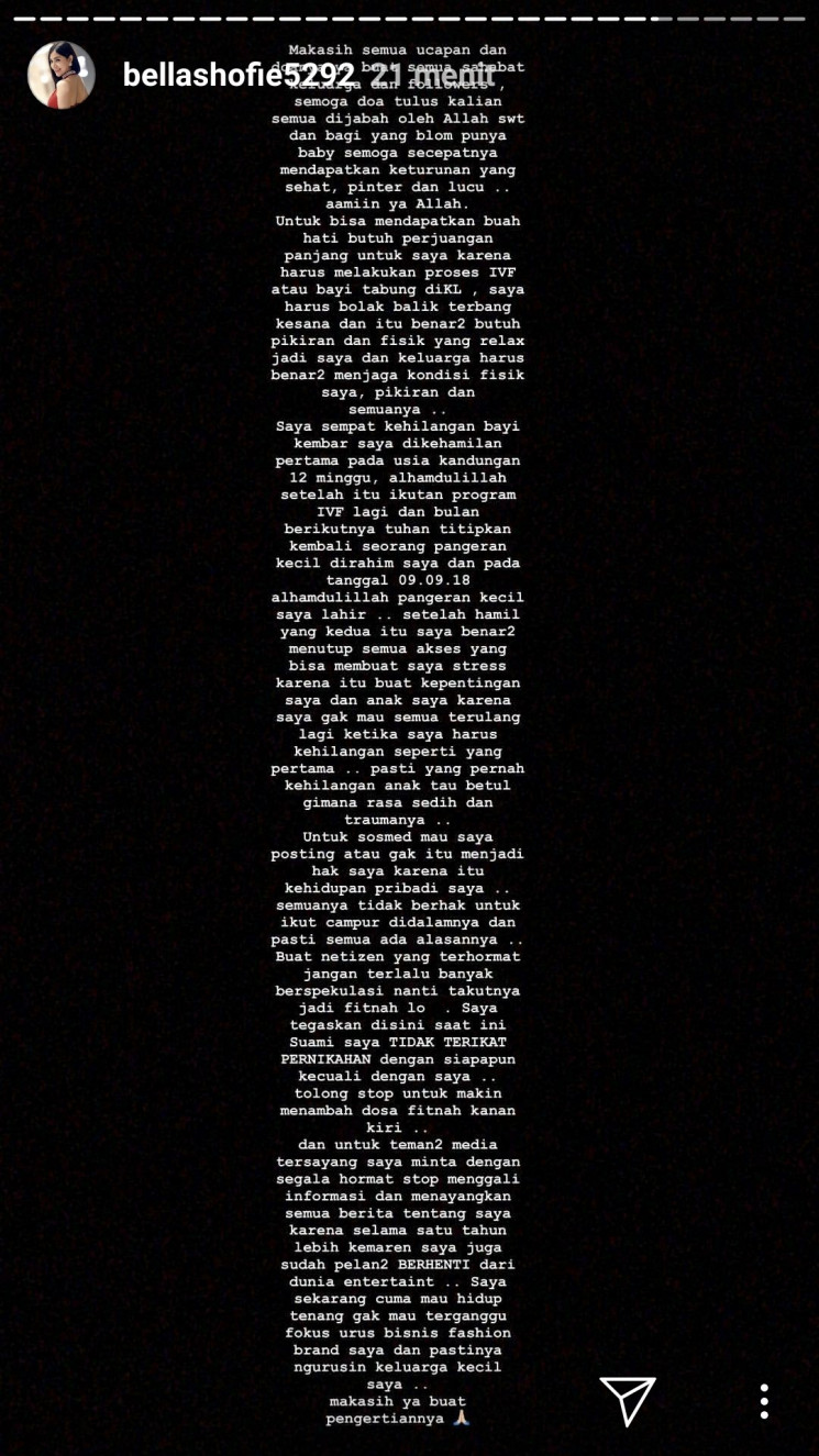 Curhat Bella Shofie di Instastory @bellashofie5292.