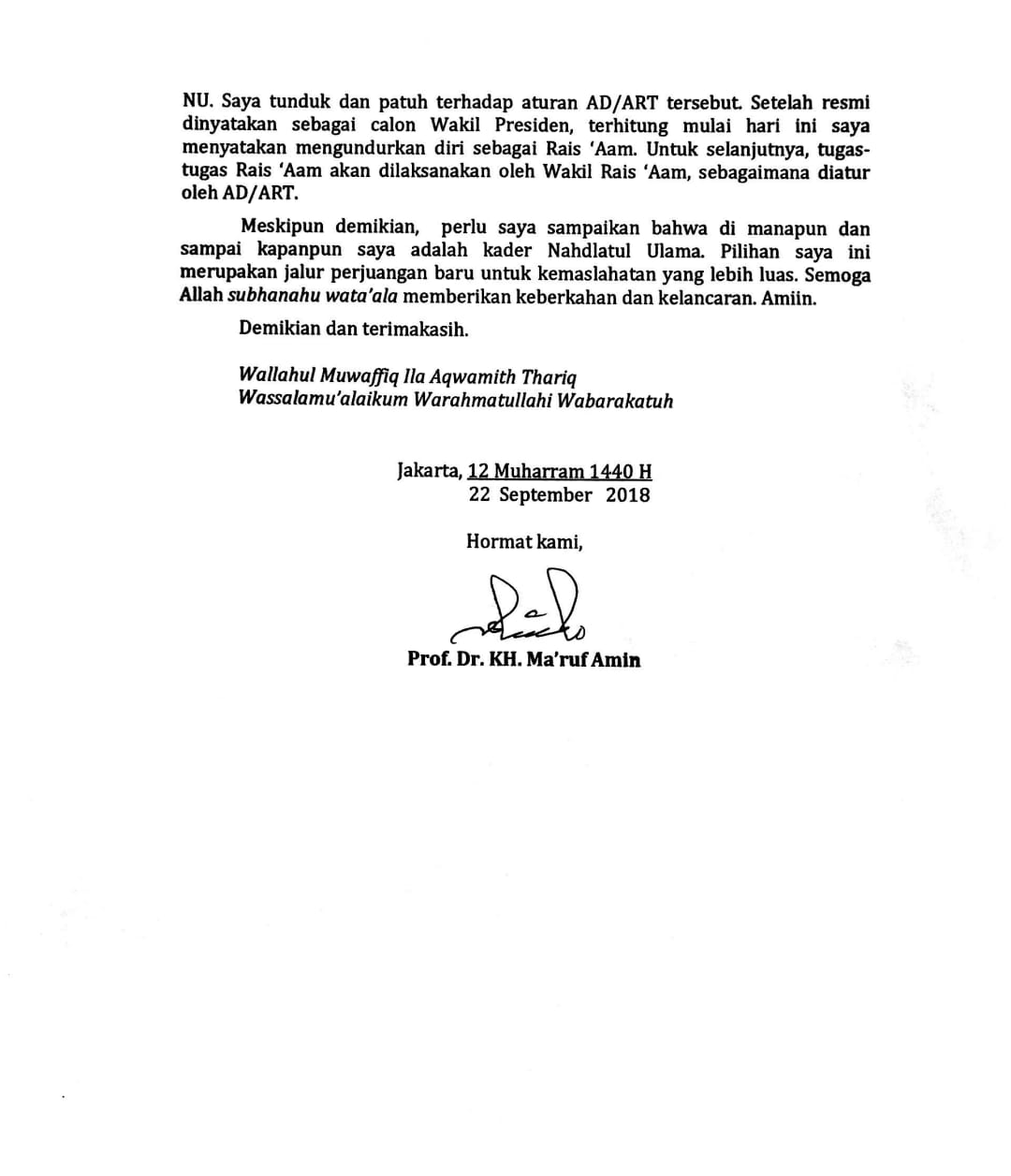 Surat pernyataan resmi KH Ma'ruf Amin sekaligus testimoni di depan para kiai di PBNU Jakarta. (foto: ngopibareng.id)