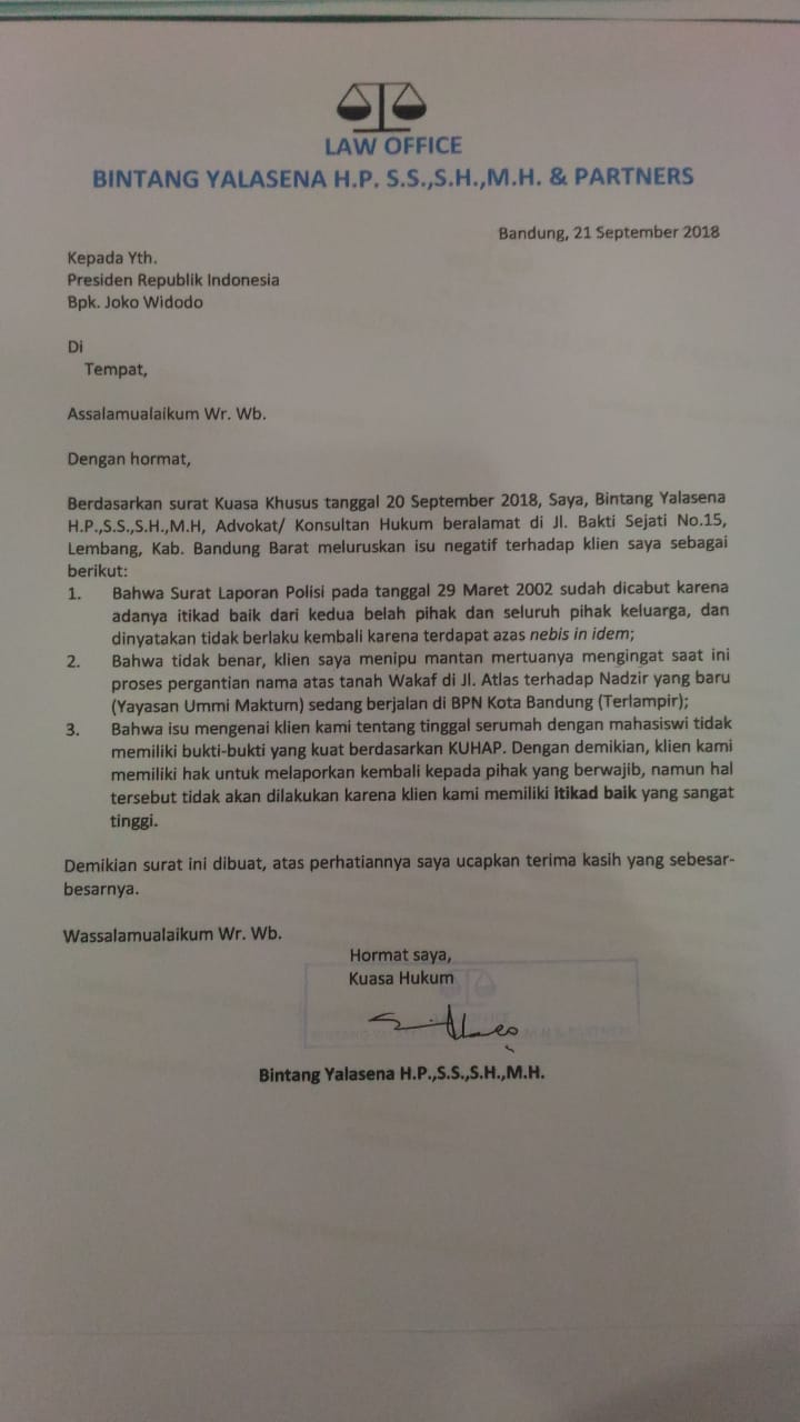 Surat yang dikirim kepada Presiden RI Joko Widodo. (foto: curtesy ngopibareng.id)