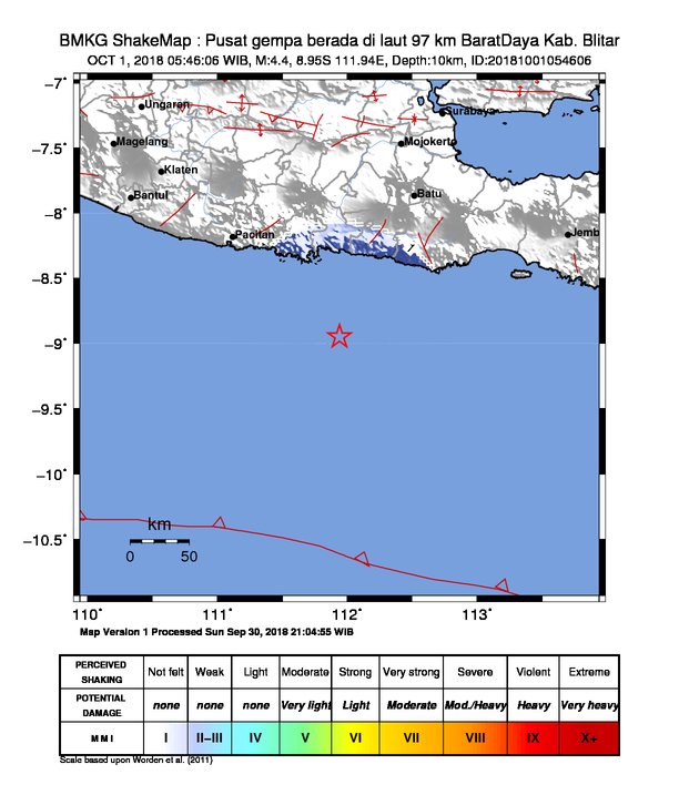 Pusat gempa di Barat Daya Kabupaten Blitar, Jawa Timur. Foto: Twitter/BMKG.