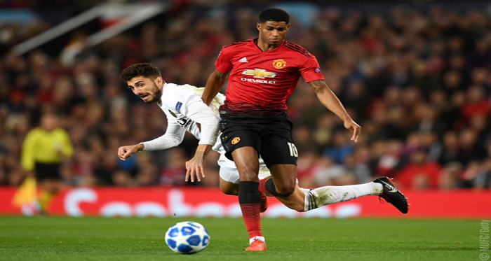 Dalam duel lawan Valencia, tembakan jarak jauh Marcus Rashford menjadi satu-satunya peluang Manchester United di babak pertama matchday ke-2 Liga Champions di Grup H, Rabu 3 Oktober 2018. (twitter/@ManUnited)