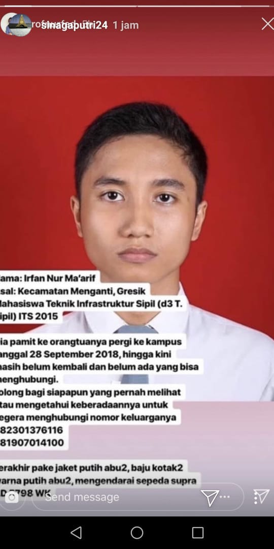 Informasi hilangnya Irfan. Foto: Instagram