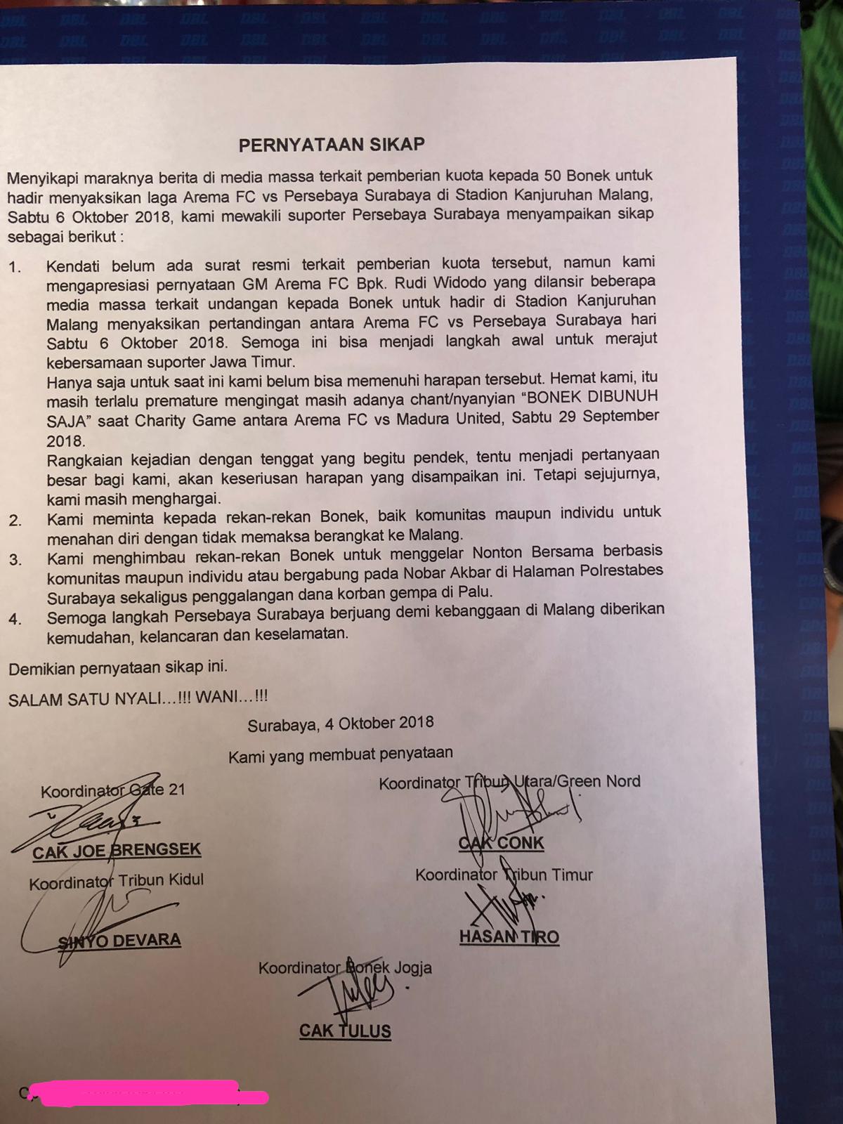 Empat pernyataan sikap Bonek Mania