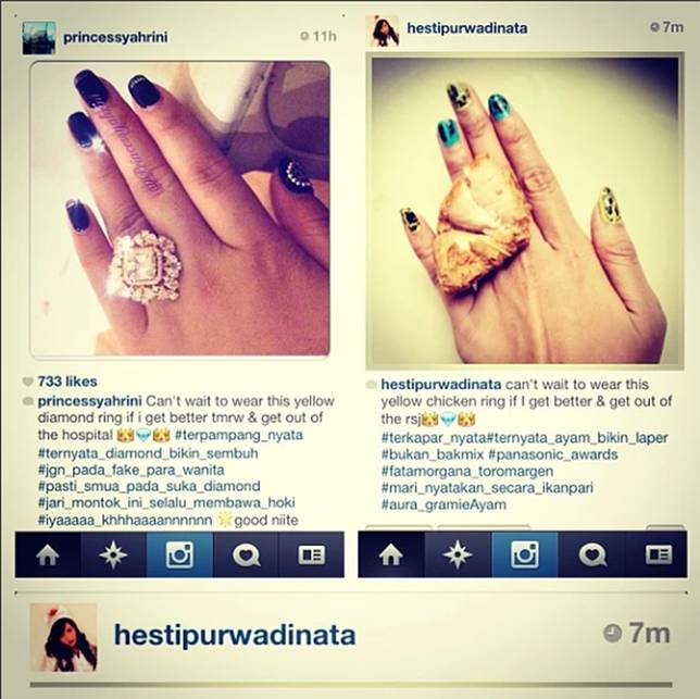 Hesty Purwadinata memparodikan cincin berlian Syahrini dengan ayam goreng. Foto: Instagram/hestypurwadinata.