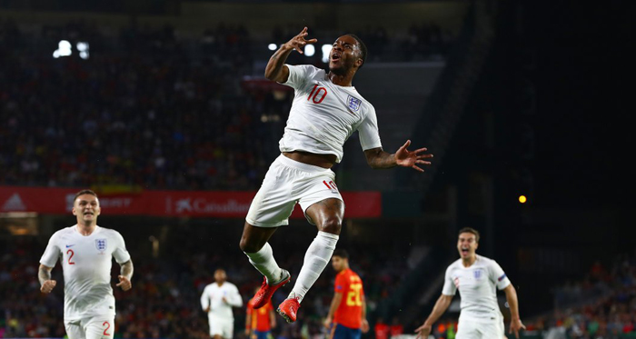 Raheem Sterling mencetak dua gol ke gawang Spanyol di laga lanjutan Liga A Grup 4 UEFA Nations League, Selasa 16 Oktober 2018. (twitter@England)