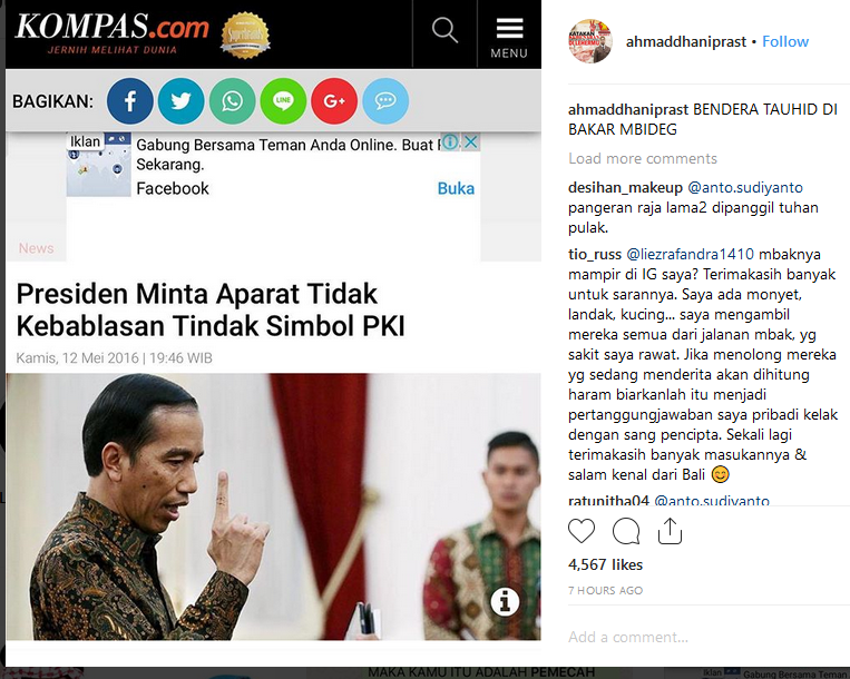 Ahmad Dhani memposting pemberitaan Presiden Jokowi yang dikutip dari sebuah media massa.