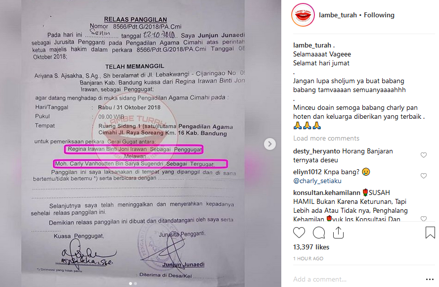 Surat gugatan yang dilayangkan Regina kepada vokalis Setia Band. Foto: IG/lambe_turah.
