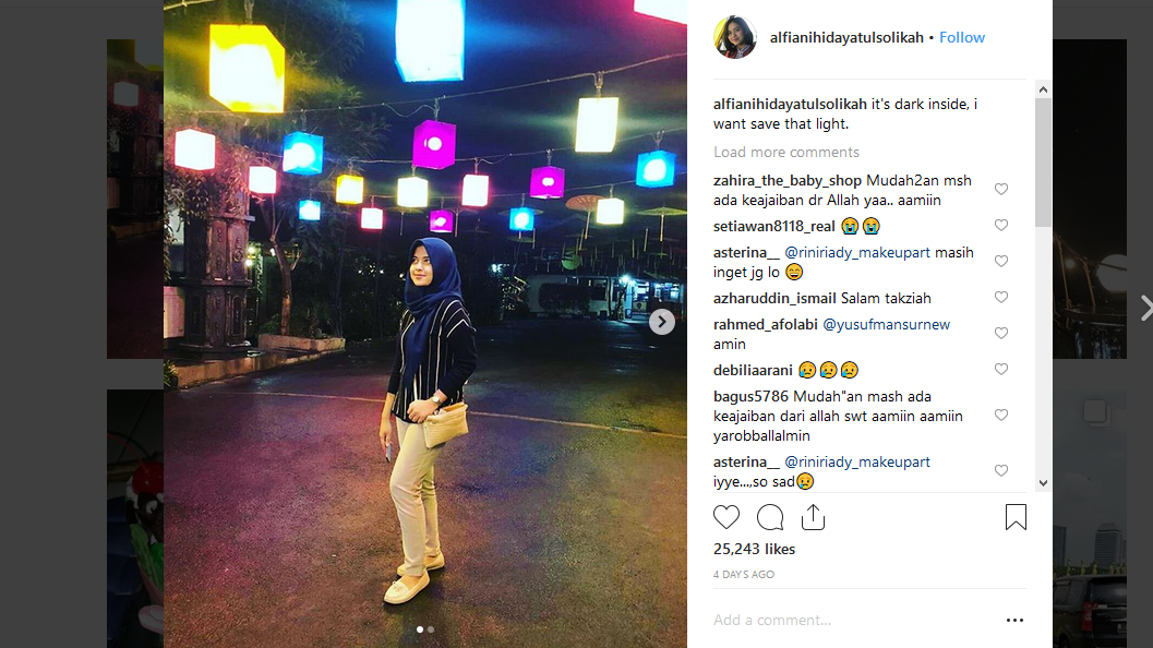 Unggahan terakhir di Instagram Alfiani Hidayatul Solikah.