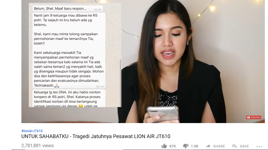 Kreator di YouTube, Shely Che, berduka karena sahabatnya menjadi salah satu pramugari Lion Air JT 610
