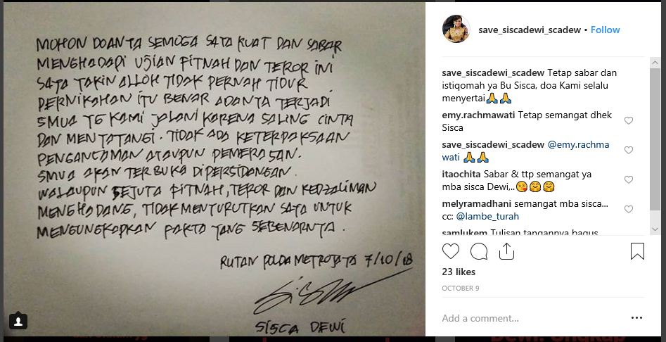 Curhat Sisca Dewi di Instagram.